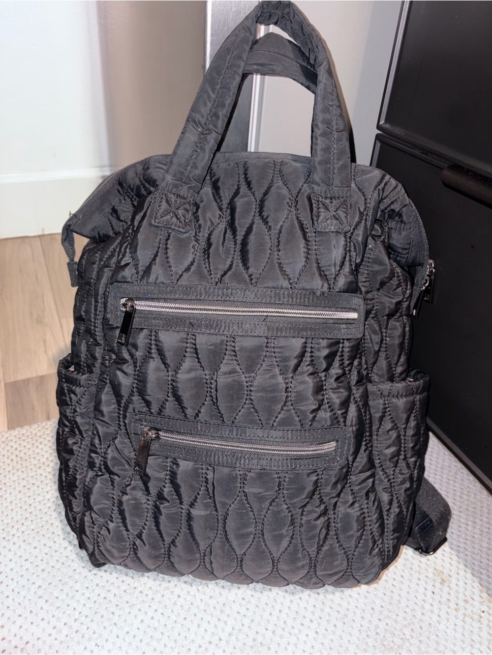Black Quilted Nylon Backpack with Leopard Lining - Picture 6 of 9
